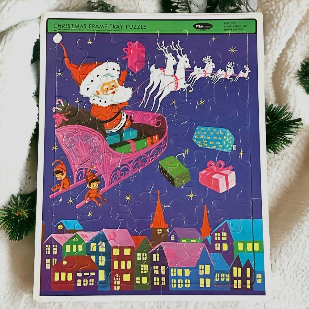Vintage Christmas Frame Tray Puzzle Santa Reindeer Western Publishing MCM #4424